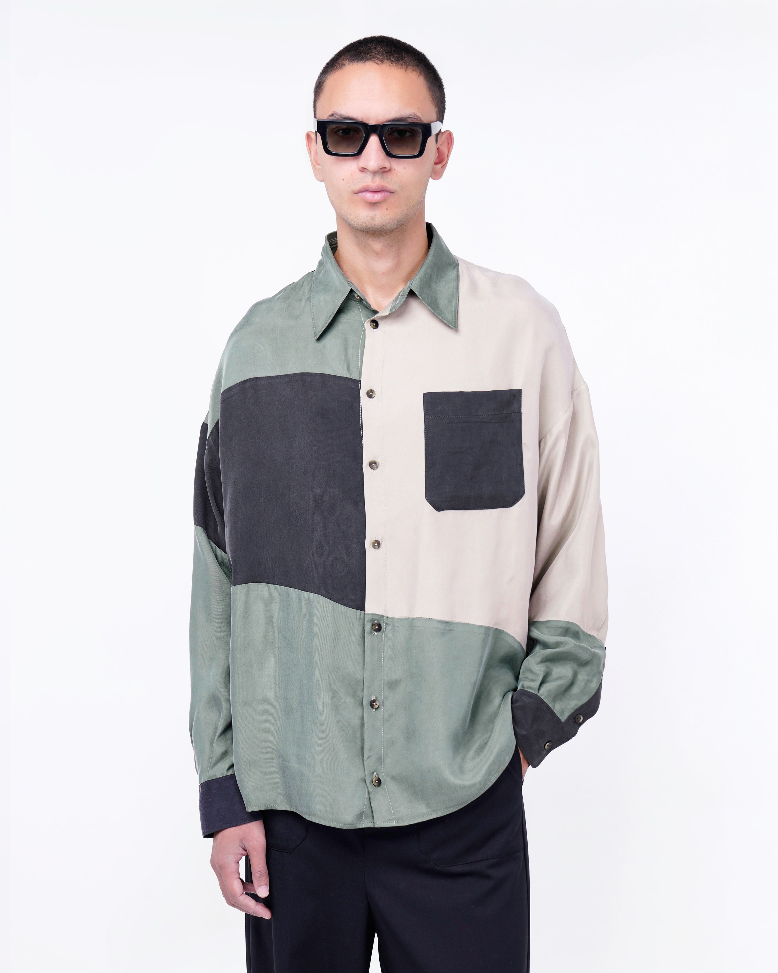 CAMICIA COLOR BLOCK IN CUPRO
